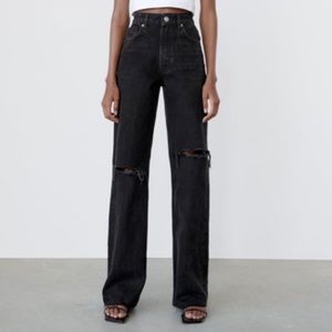 Zara Ripped Wide Leg Jean Black NWT